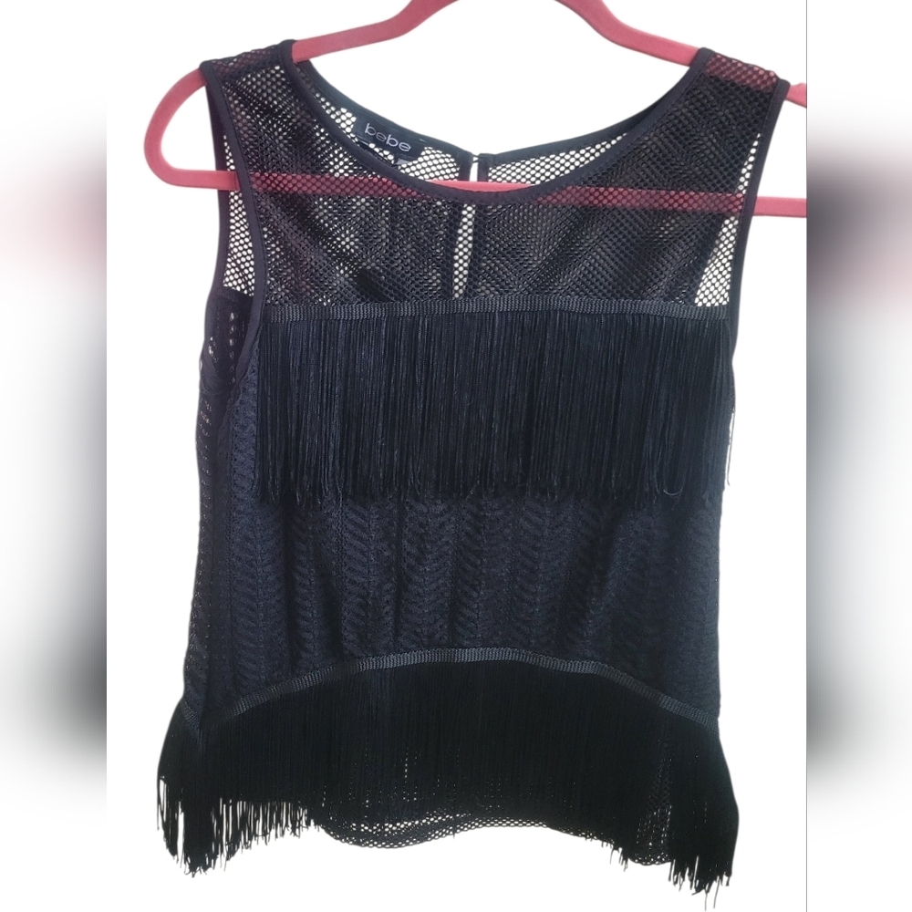 Bebe Black Fringe Mesh Top